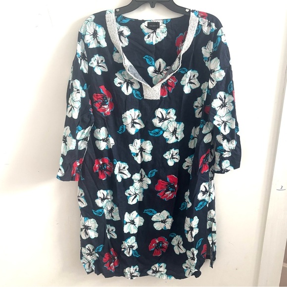 Talbots Dress Women Linen XXL  Beaded Bloomcore Navy Hibiscus Tropical Floral - Picture 2 of 6